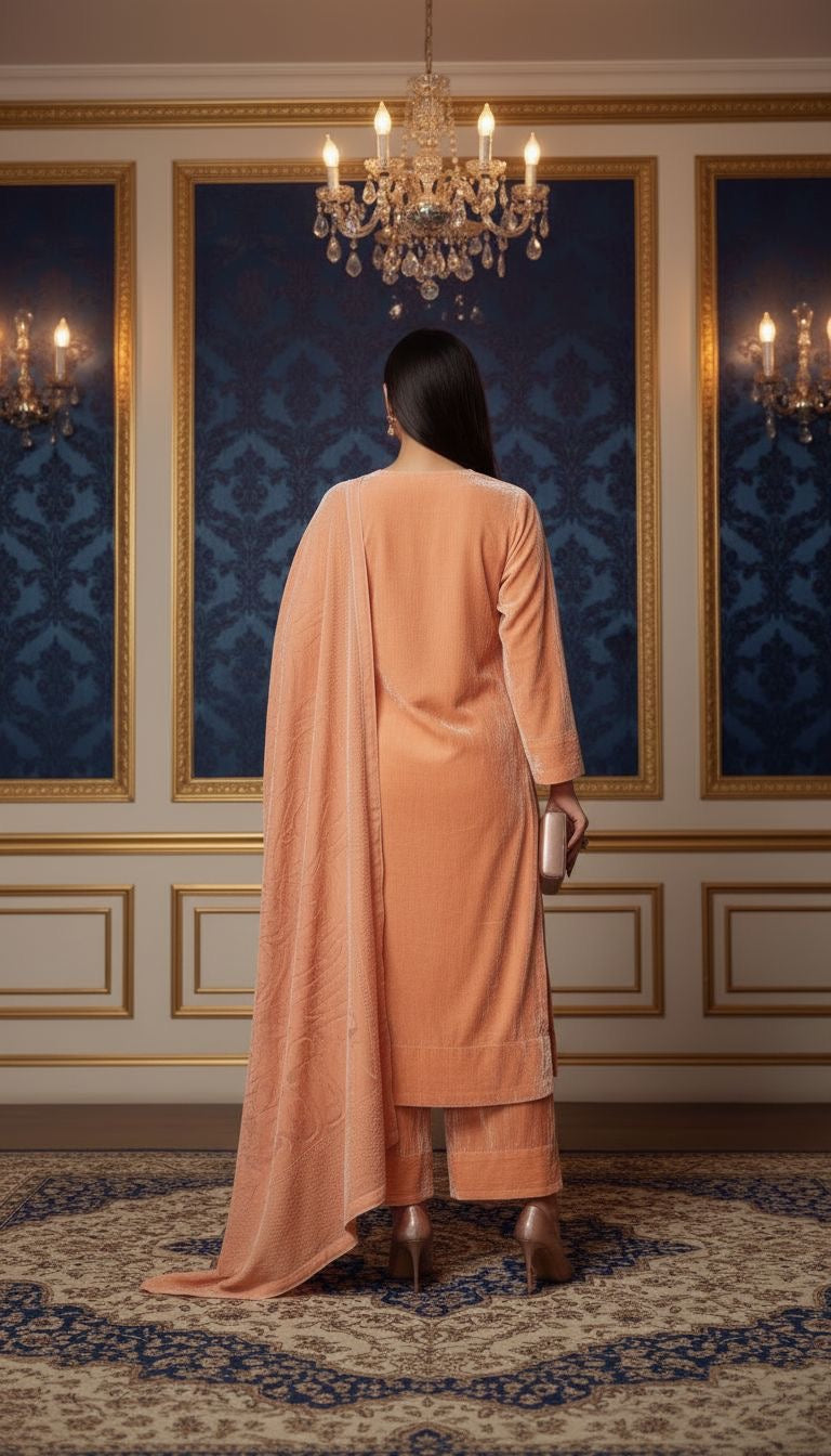 Rehar Peach French Velvet Ready to Wear 3 Pcs Dress