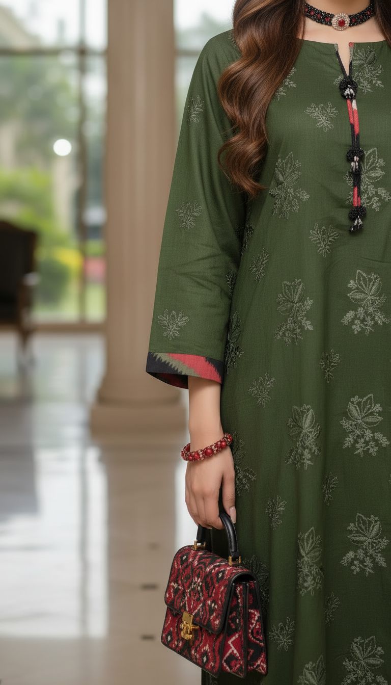 Sasha Green chikankari Embroidered Dress with Crochet details