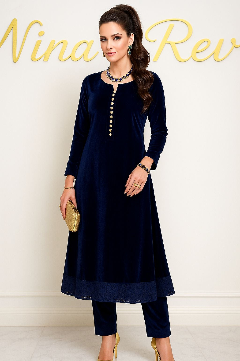 Regal Blue Velvet 2 Pcs Dress hi
