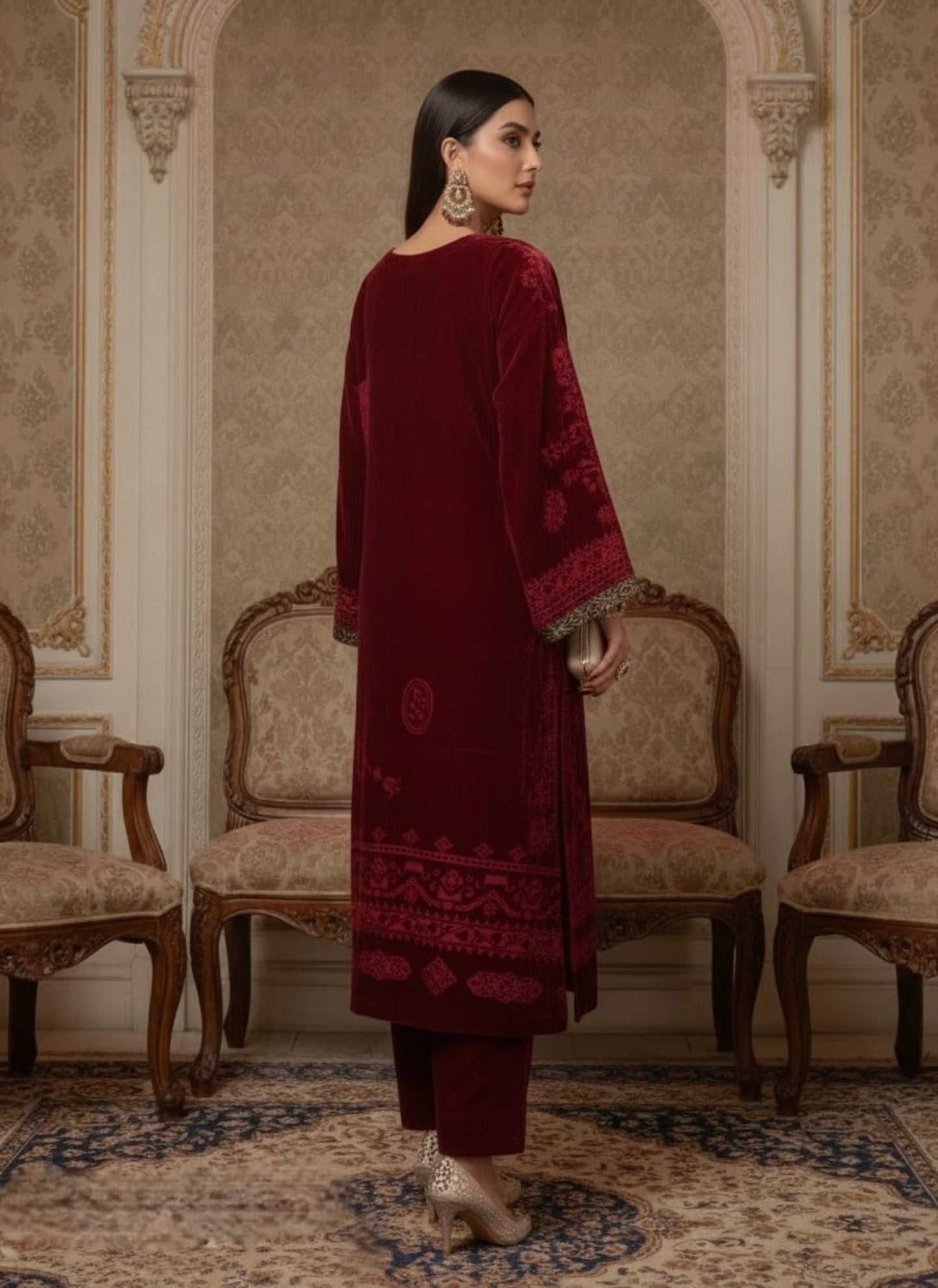 Kamera Maroon French Velvet Ready to Wear 2 Pcs Dress with Palachi Work