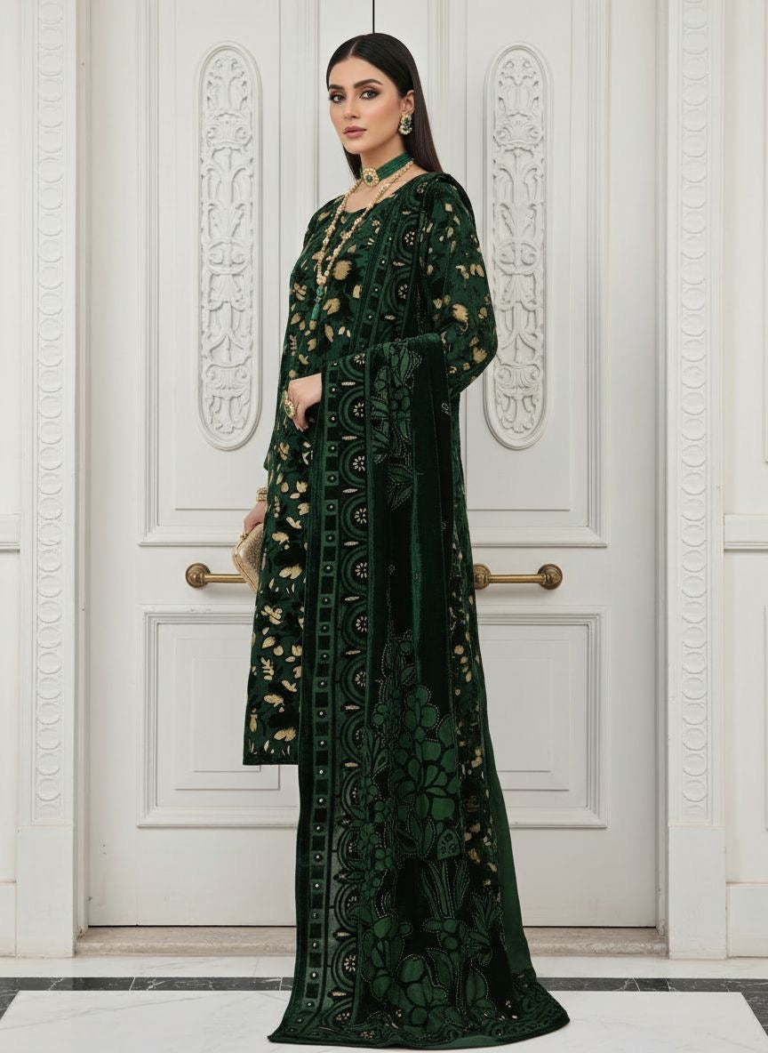 Full Green Palachi Velvet Dress with Palachi Shawl and Velvet Trouser