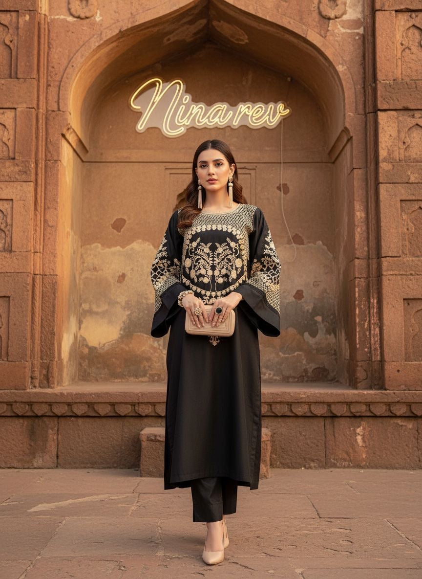 Merab Black Ready to Wear 2 Pcs Embroidered Dress