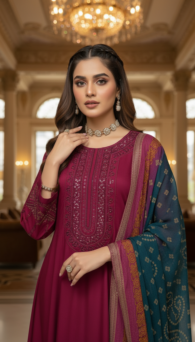 Tabeer Red Ready to Wear 3 Pcs Embroidered Dress