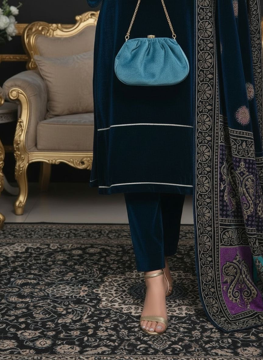 Areeba Teal Velvet Ready to Wear 3 Pcs Dress with Shawl