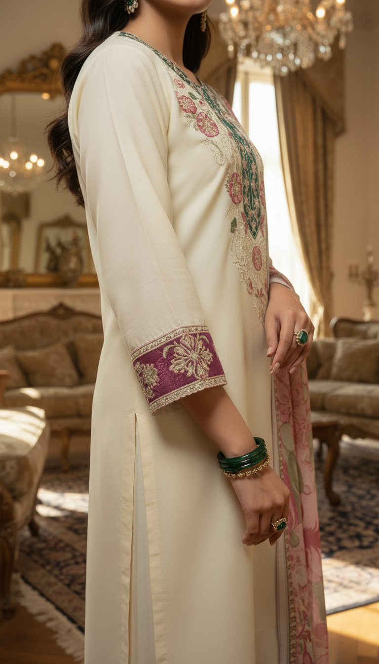 Salwa beige Embroidered 3 Pcs Dress with Chiffon dopatta