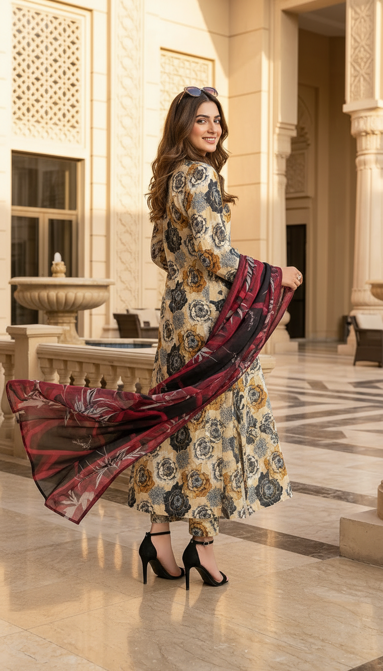 Azma Ready to Wear 3 Pcs Linen Dress with Chiffon dopatta