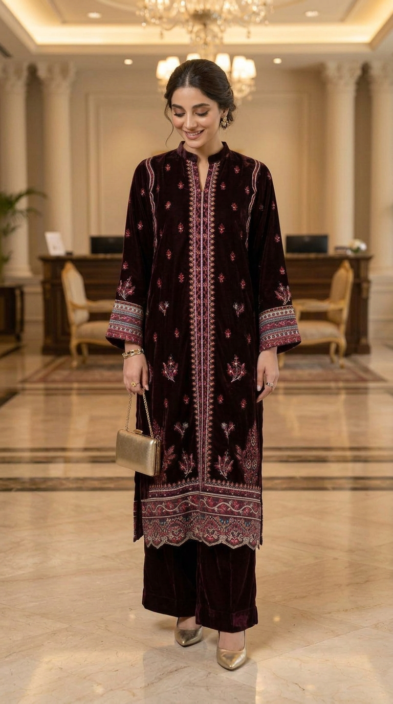 Sahiba maroon Velvet Ready to Wear Embroidered Dress