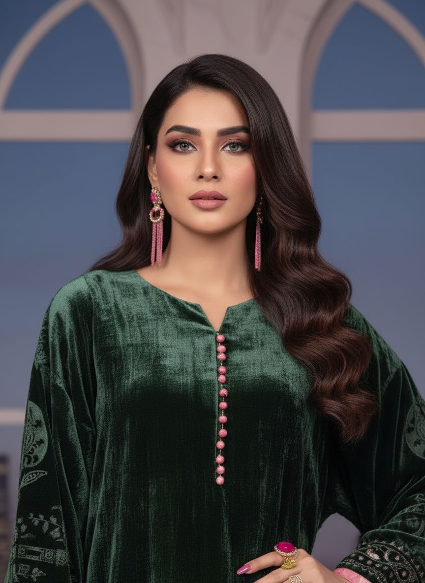 Pakeeza French Velvet Ready to Wear 2 pcs Kaftan with Palachi work