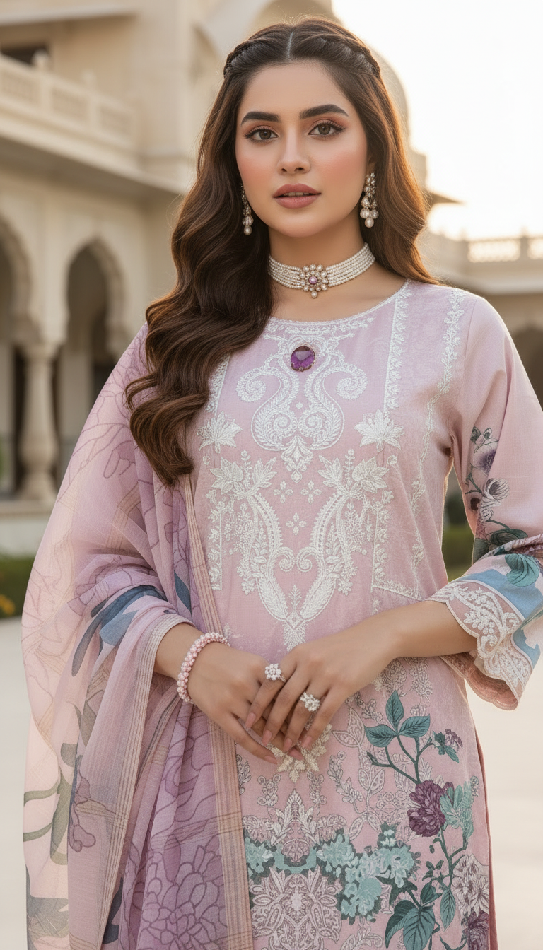 Butterfly Pink Ready to Wear 3 pcs Embroidered Dress