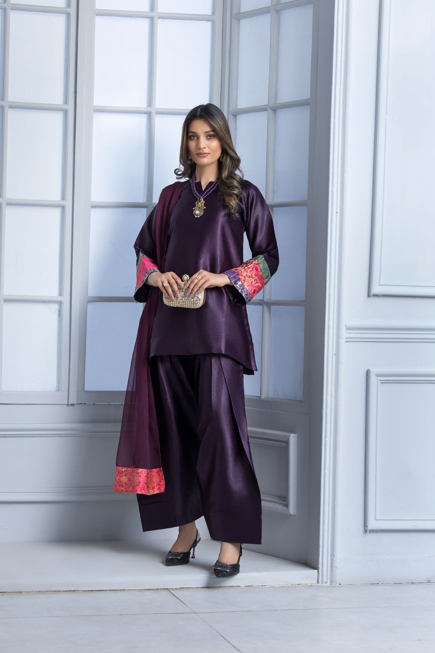 Purple Glass Silk Ready to Wear 3 Pcs Dress