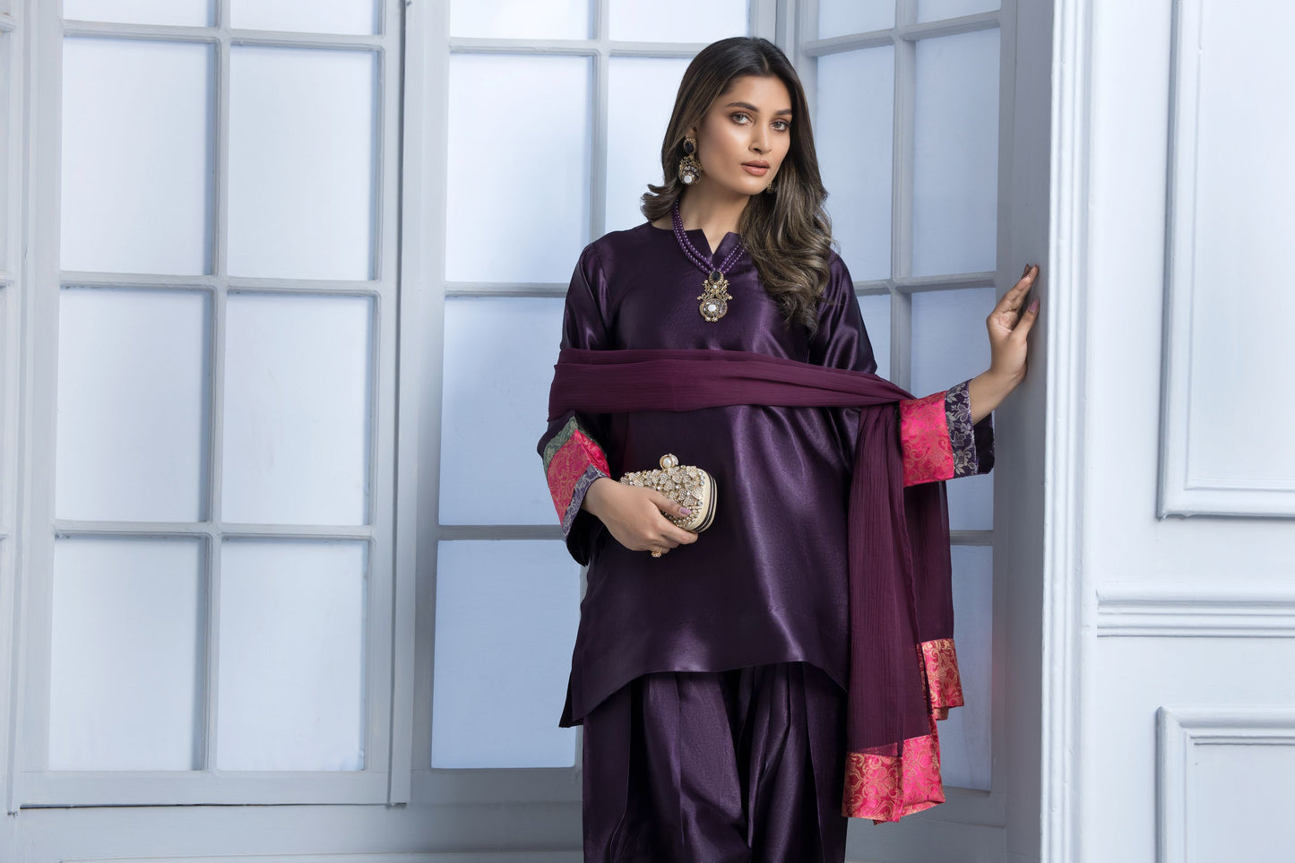 Purple Glass Silk Ready to Wear 3 Pcs Dress