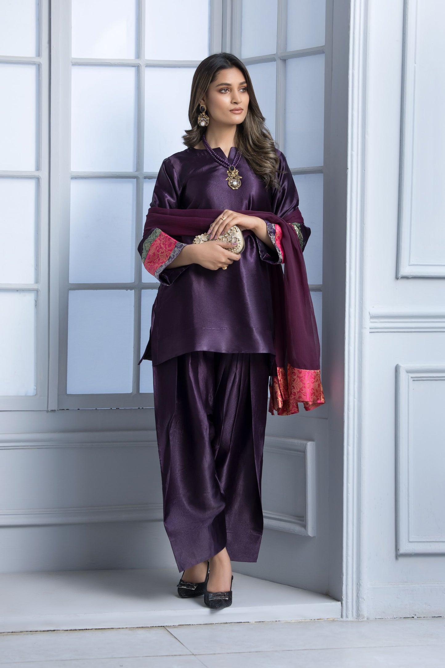 Purple Glass Silk Ready to Wear 3 Pcs Dress
