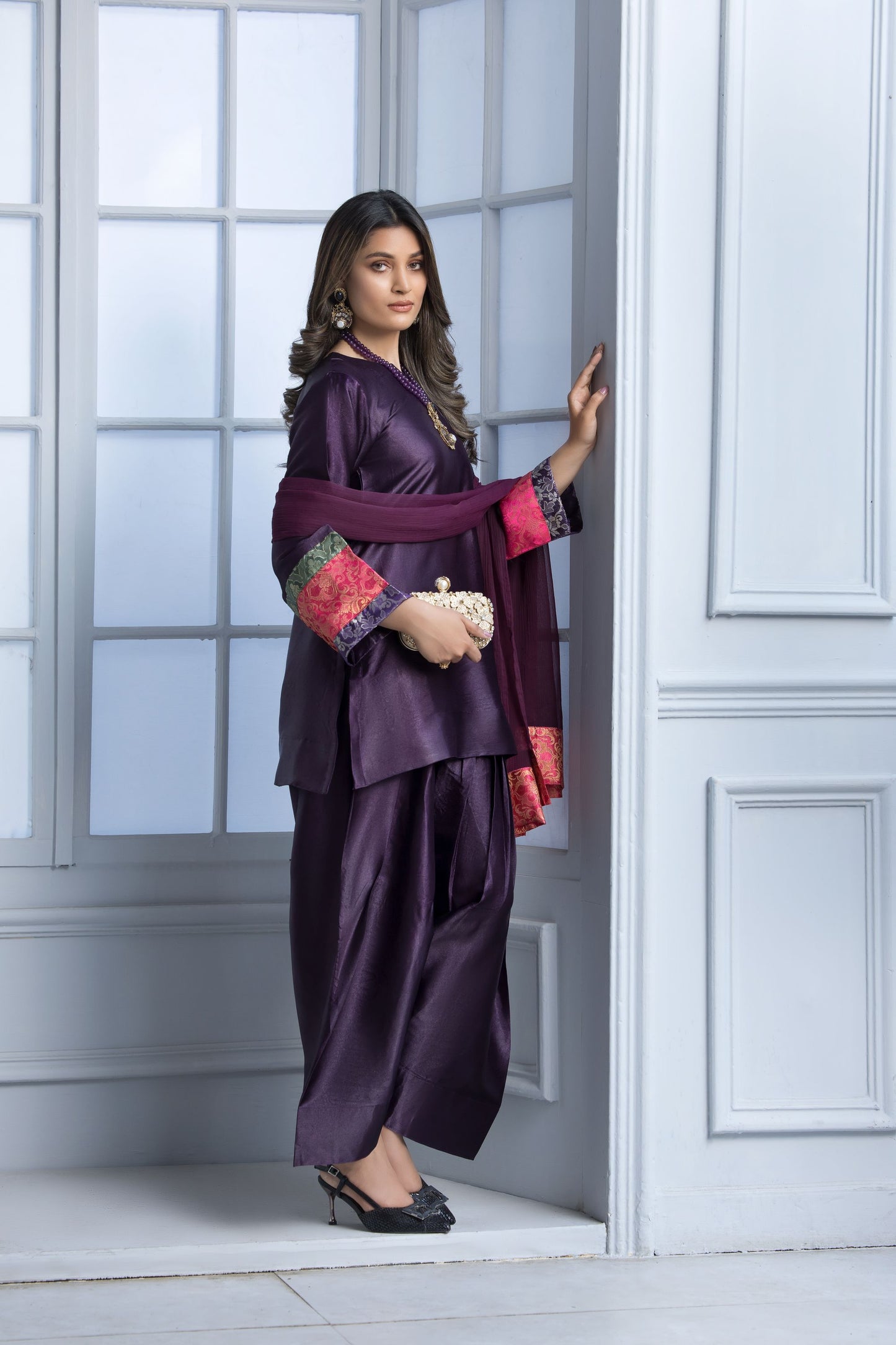 Purple Glass Silk Ready to Wear 3 Pcs Dress