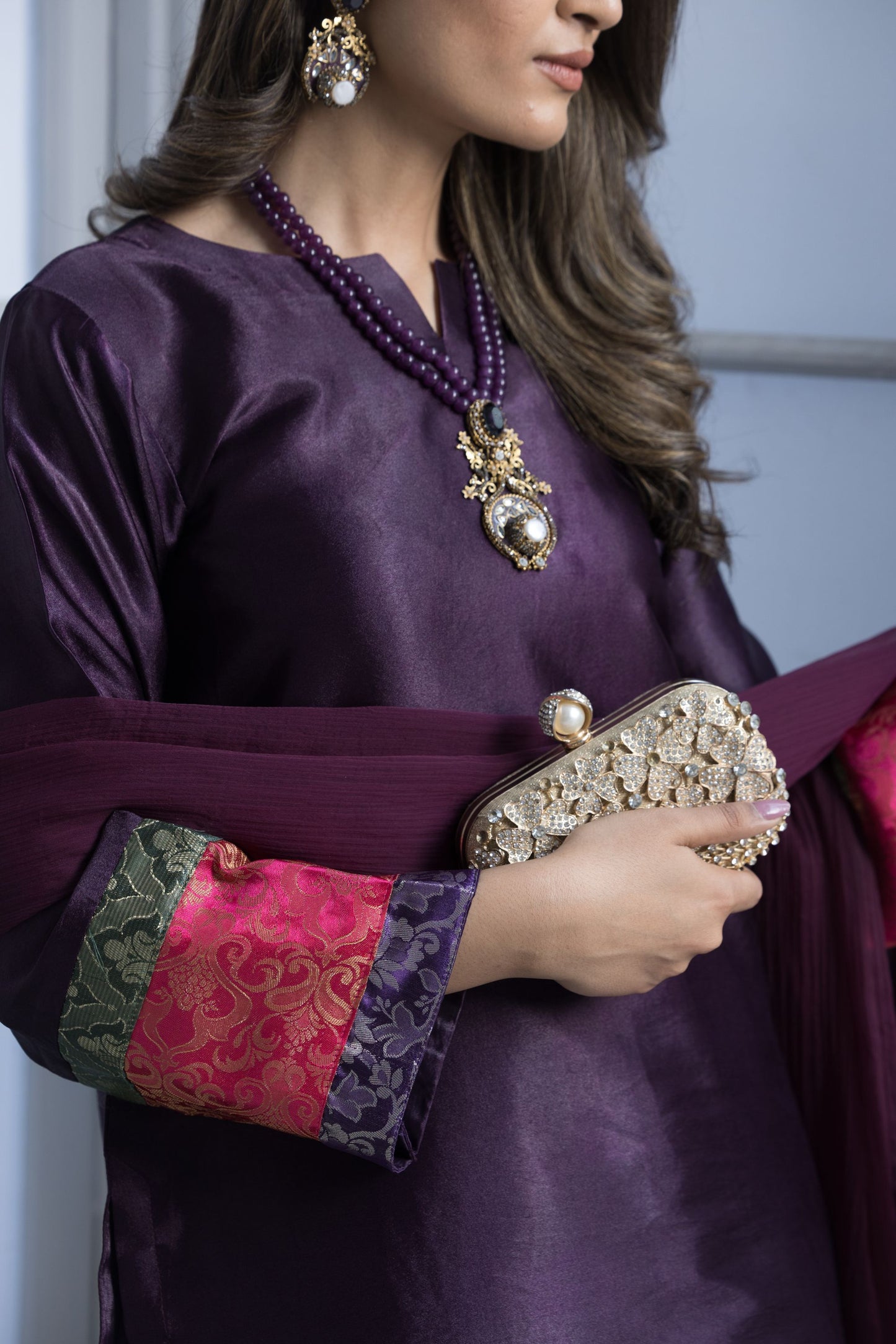 Purple Glass Silk Ready to Wear 3 Pcs Dress