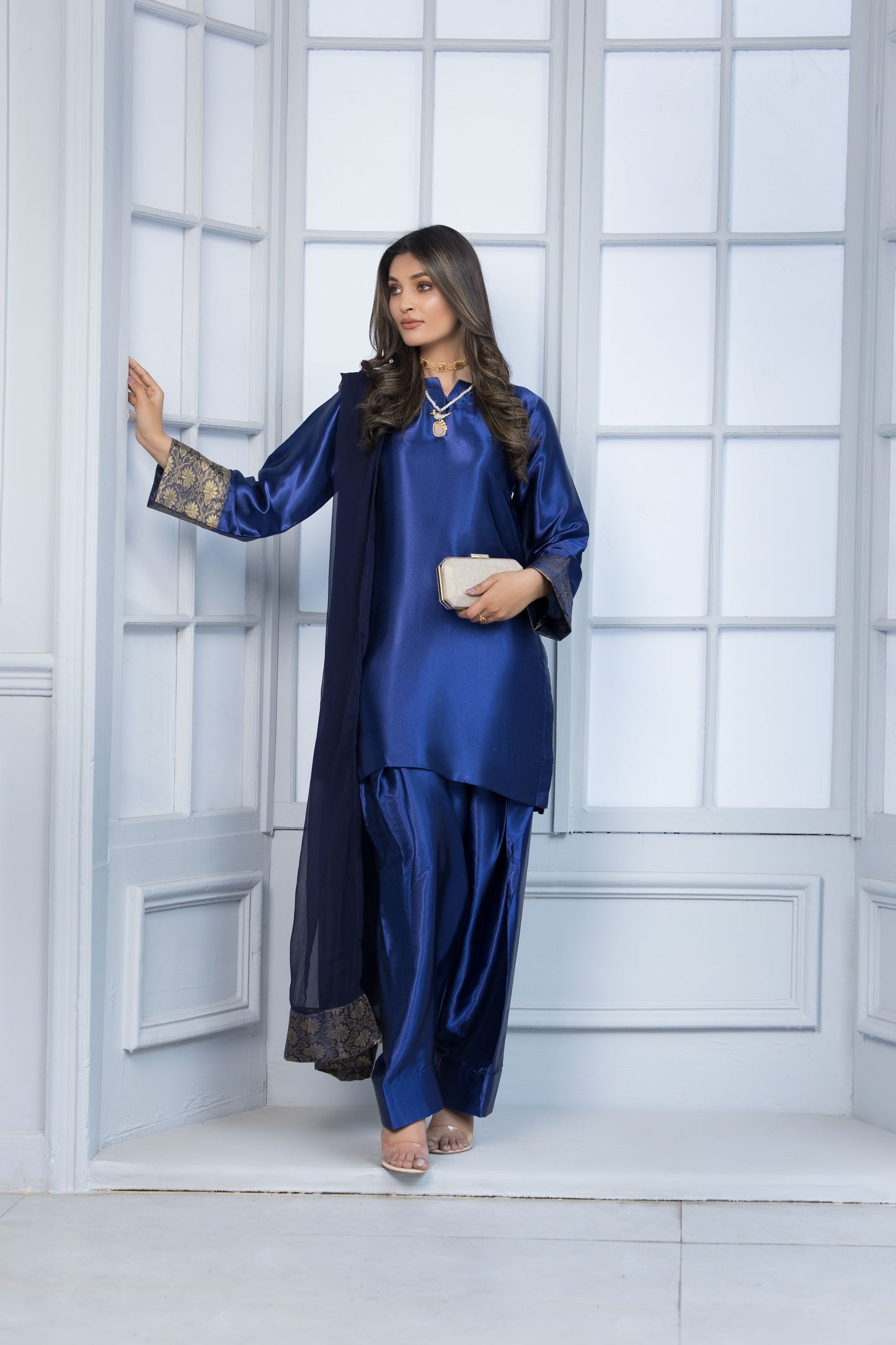 Dazzling Blue Glass Silk Ready to Wear 3 Pcs Farshi Shalwar Dress