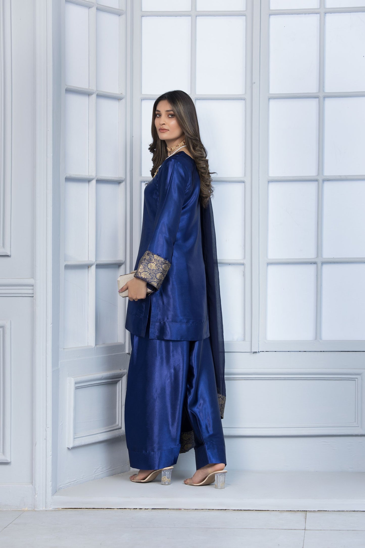 Dazzling Blue Glass Silk Ready to Wear 3 Pcs Farshi Shalwar Dress