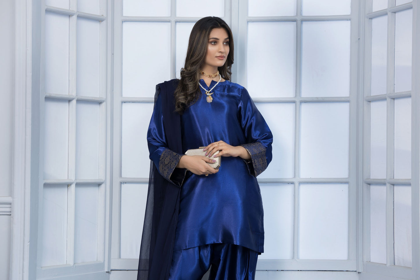 Dazzling Blue Glass Silk Ready to Wear 3 Pcs Farshi Shalwar Dress
