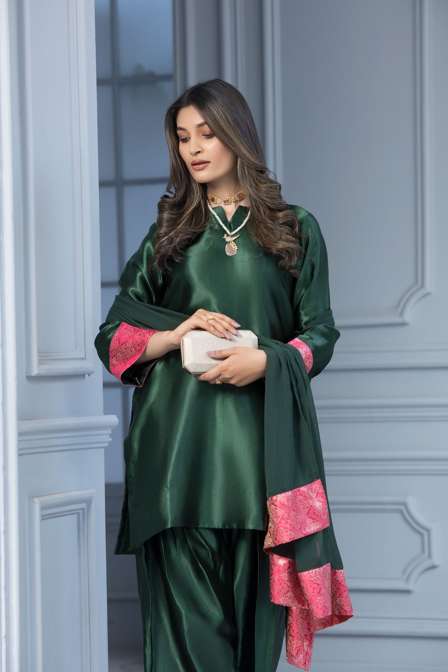 Green Glass Silk Ready to Wear 3 Pcs Farshi Shalwar