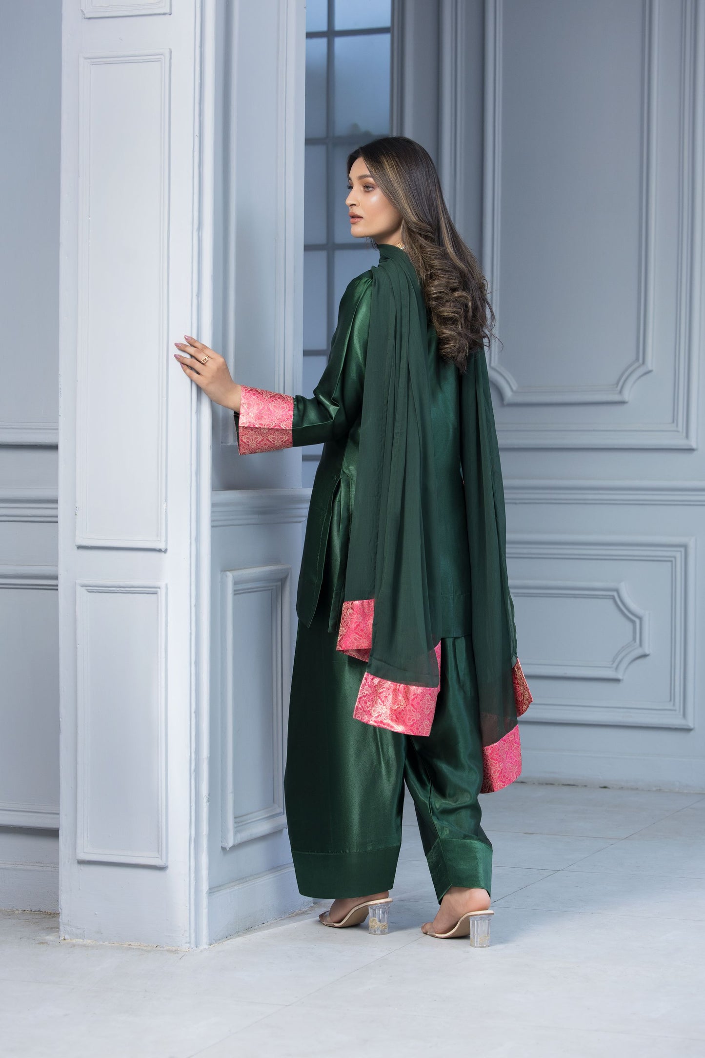 Green Glass Silk Ready to Wear 3 Pcs Farshi Shalwar