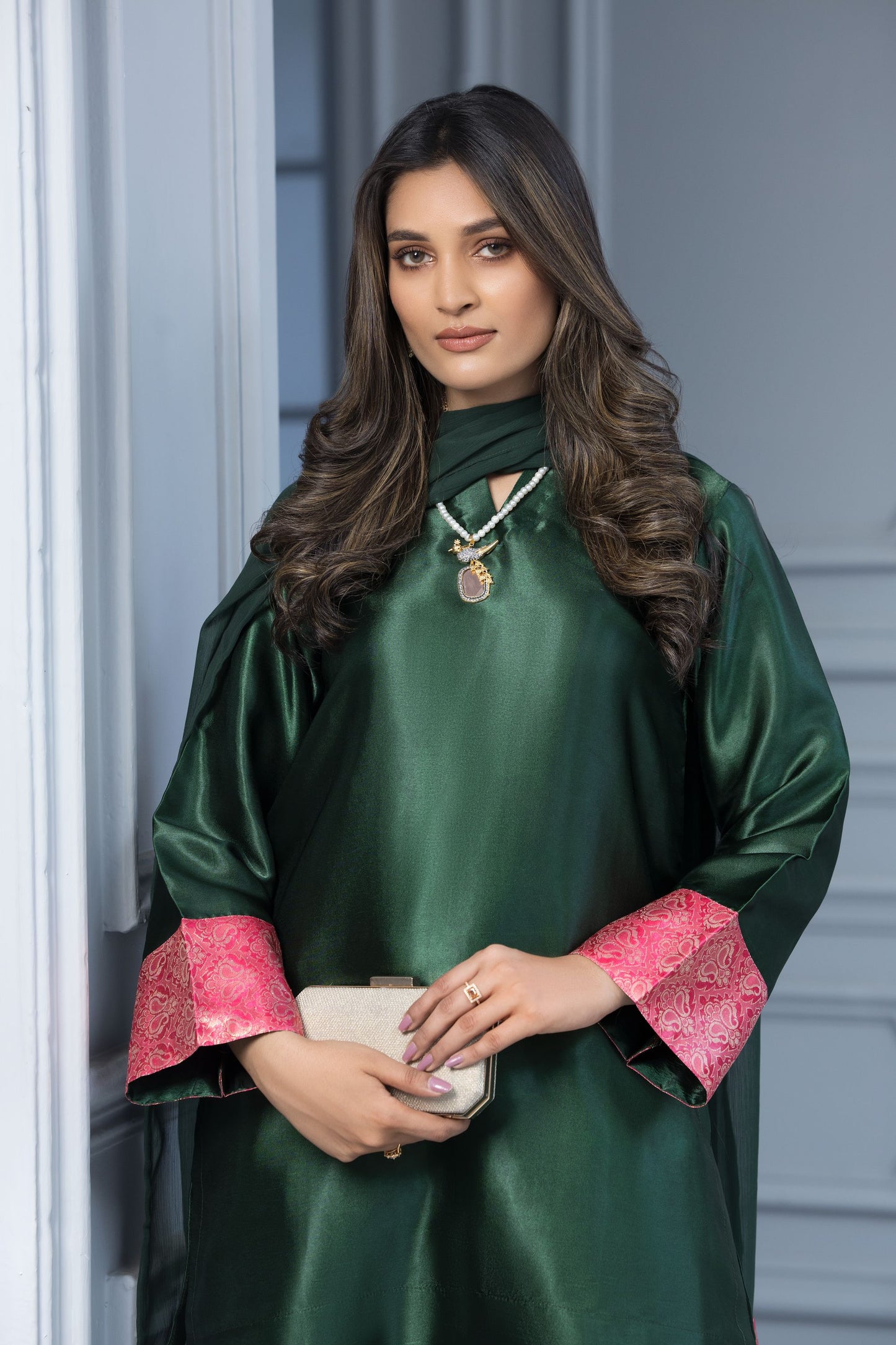 Green Glass Silk Ready to Wear 3 Pcs Farshi Shalwar