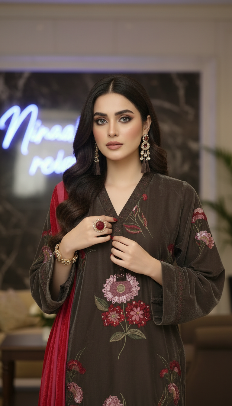 Grey Mist Velvet 3 Pcs Embroidered Dress with Palachi shawl