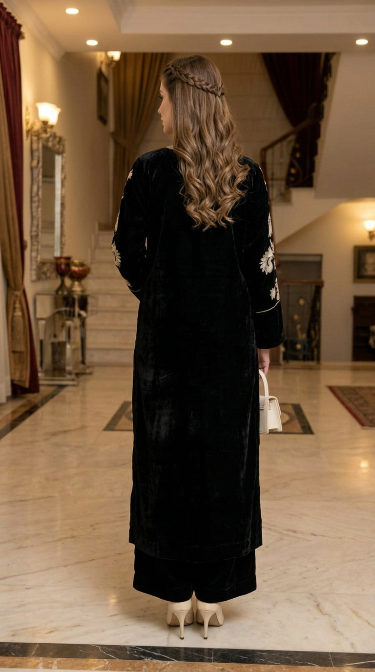 Zona Black Velvet Ready to Wear 2 Pcs Embroidered Dress