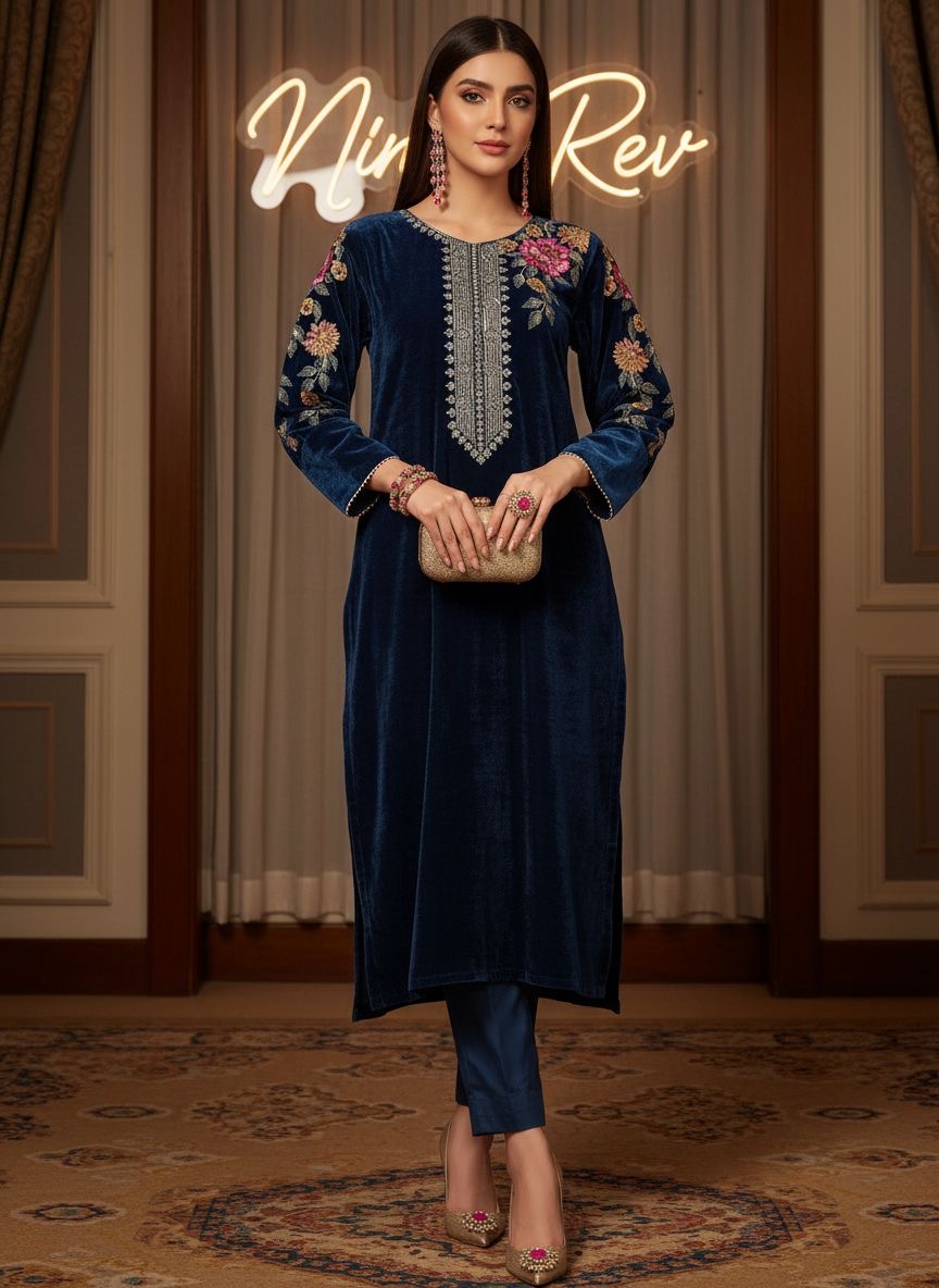 Haniya Teal Velvet Embroidered 2 Pcs Dress