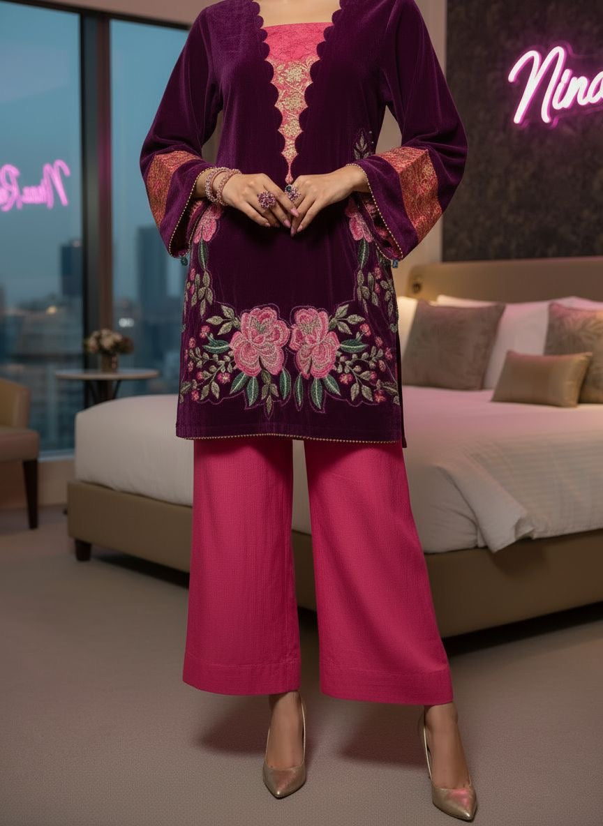 Hajra Purple Velvet Ready to Wear 3 Pcs Embroidered Dress with Palachi