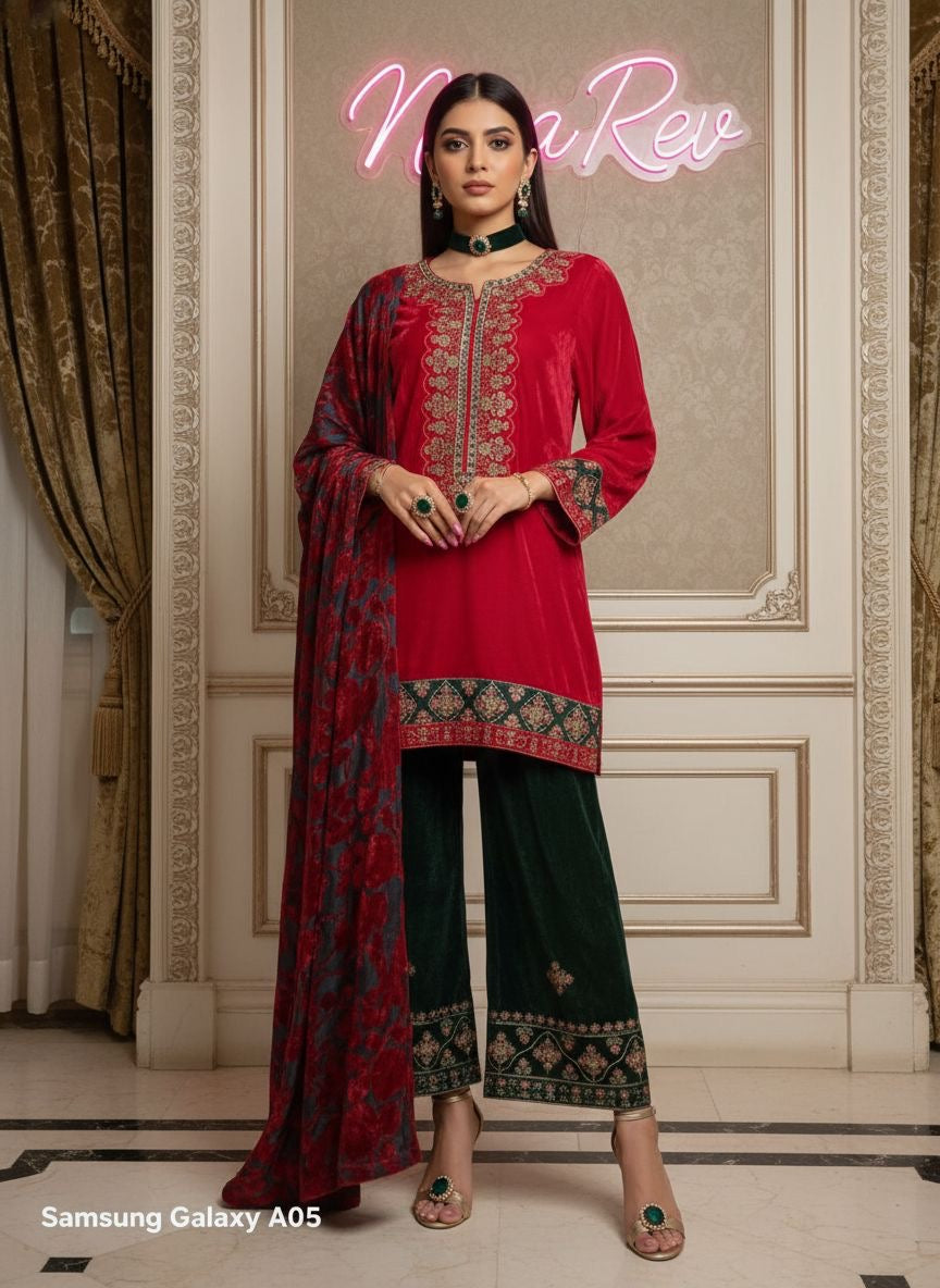 Laajh Red Velvet Ready to Wear 3 Pcs Embroidered Dress