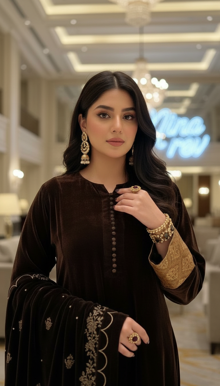 Milani Brown Velvet Ready to Wear 3 Pcs Dress with Velvet shawl