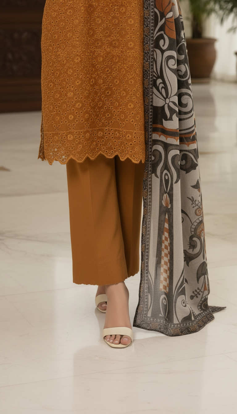Mustard Chikankari Ready to Wear 3 Pcs Embroidered Dress