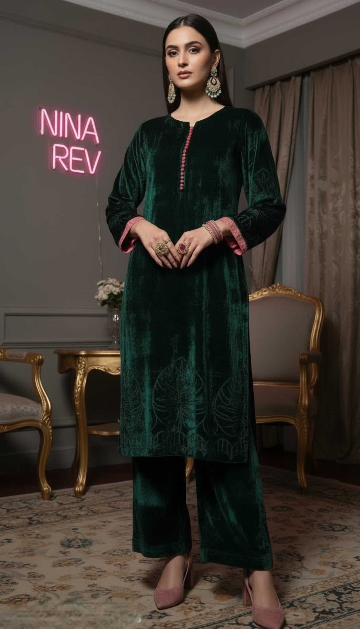 Zinnia French Velvet Green 3 Pcs Dress with Palachi Shawl