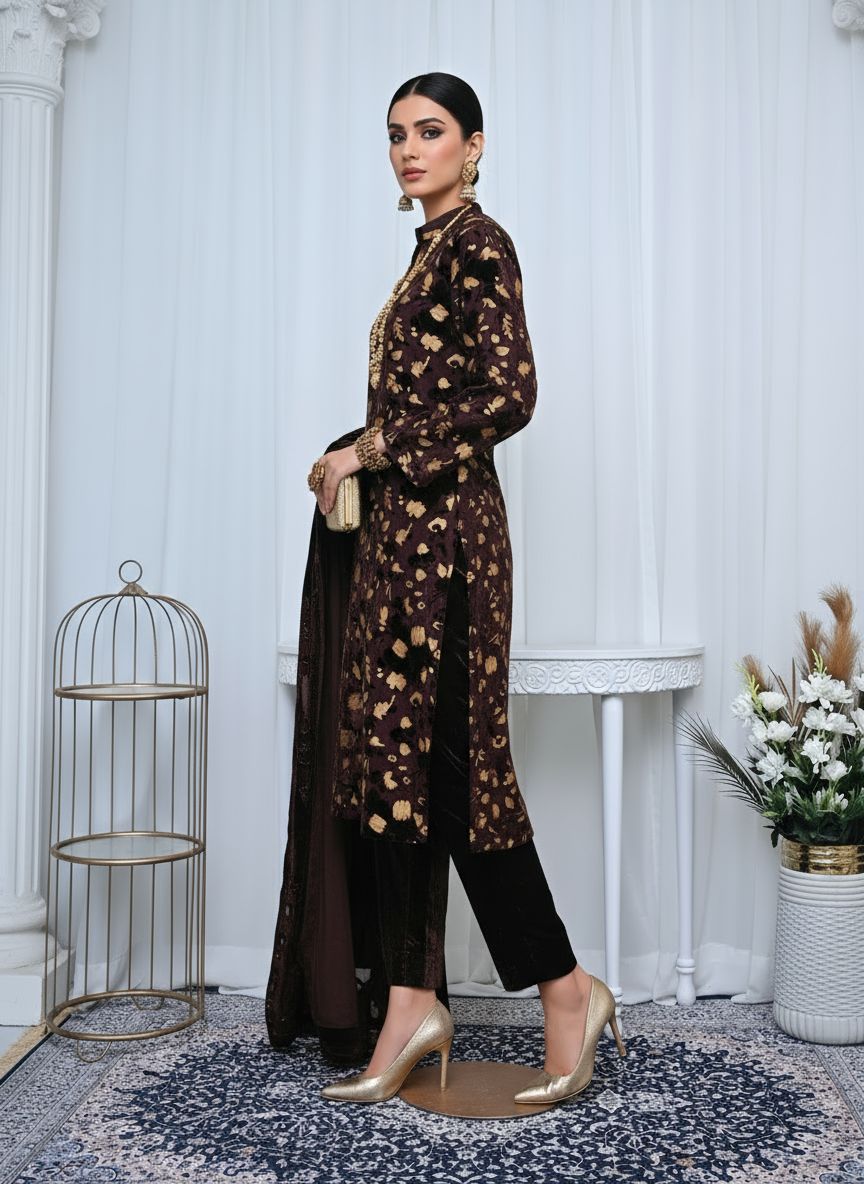 Full Brown Palachi Velvet Dress with Palachi Shawl and Velvet Trouser