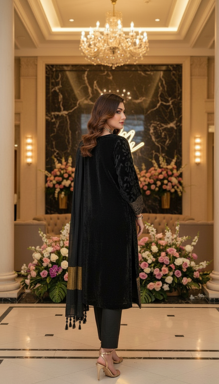 Nida Black Velvet Embroidered 3 Pcs Dress