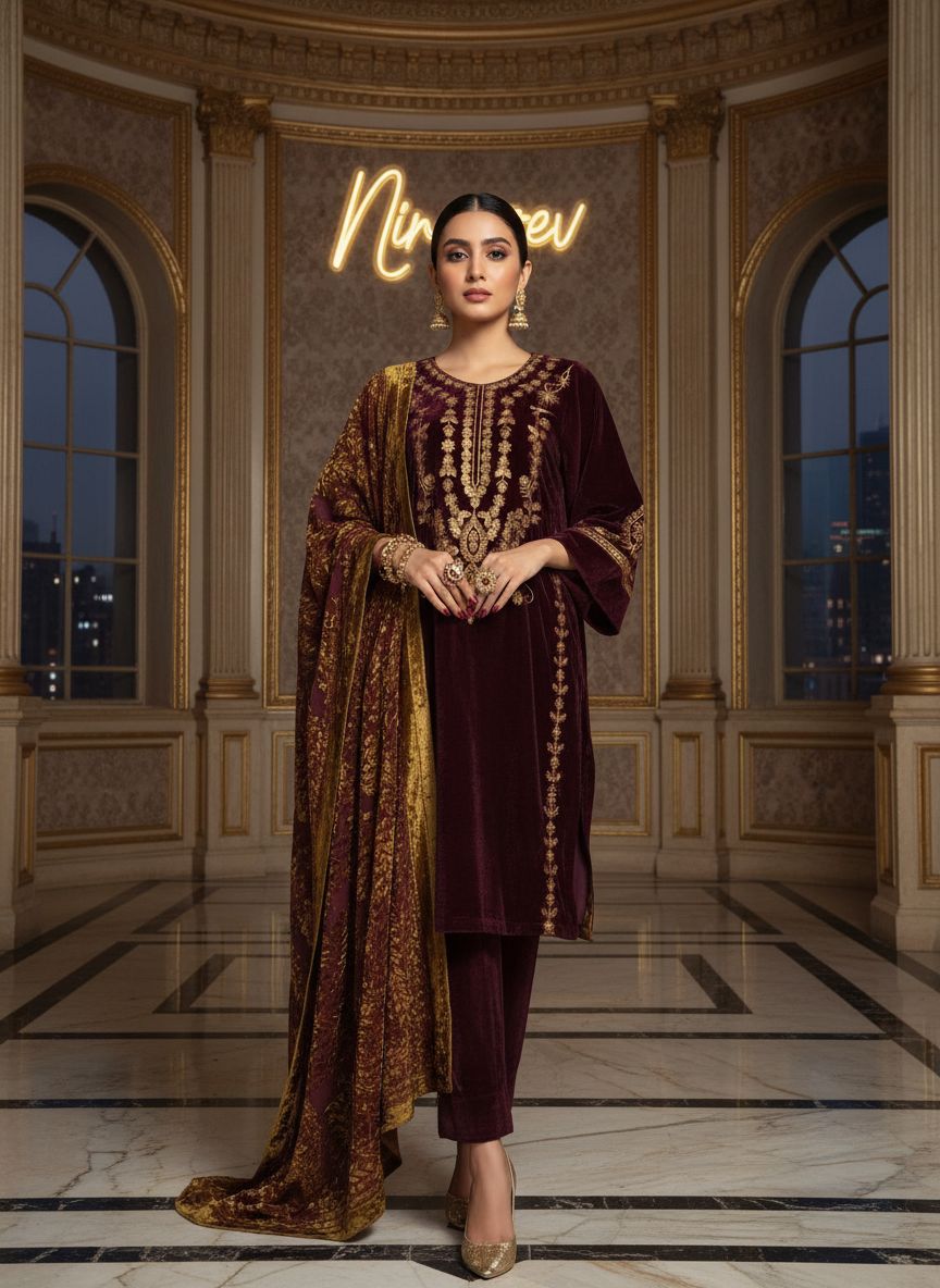 Ghazali Velvet Ready to Wear 3 Pcs Embroidered Dress