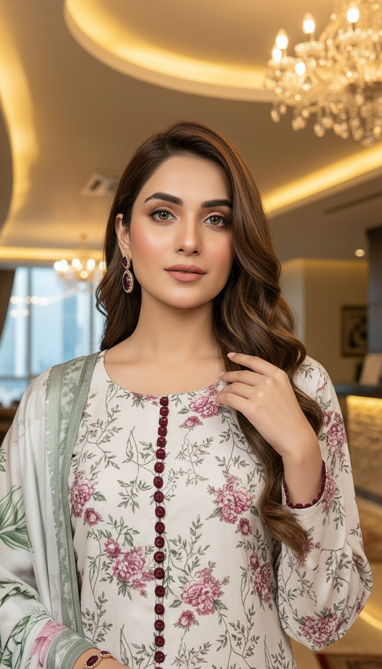 Elan Ready to Wear 3 Pcs Linen Dress with Silk dopatta