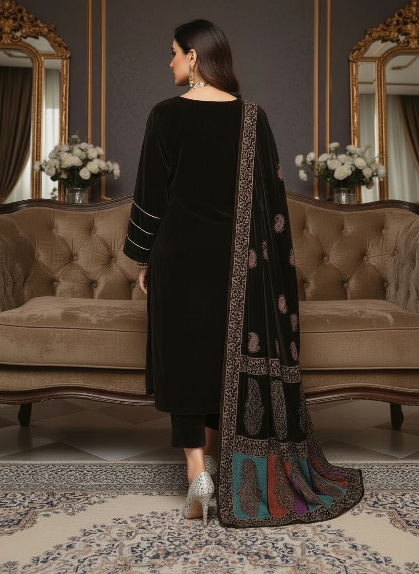 Raniyah Brown Velvet Ready to Wear 3 Pcs Dress