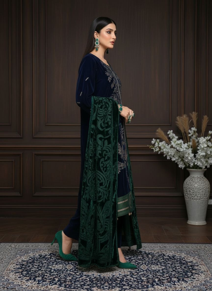 Khushbakht Velvet Ready to Wear 3 Pcs Embroidered Dress