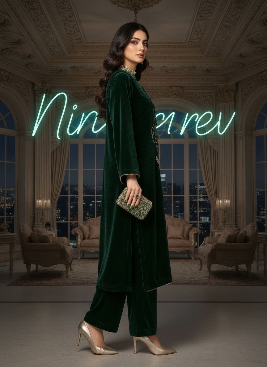 Natalia Green Velvet 2 Pcs Embroidered Dress