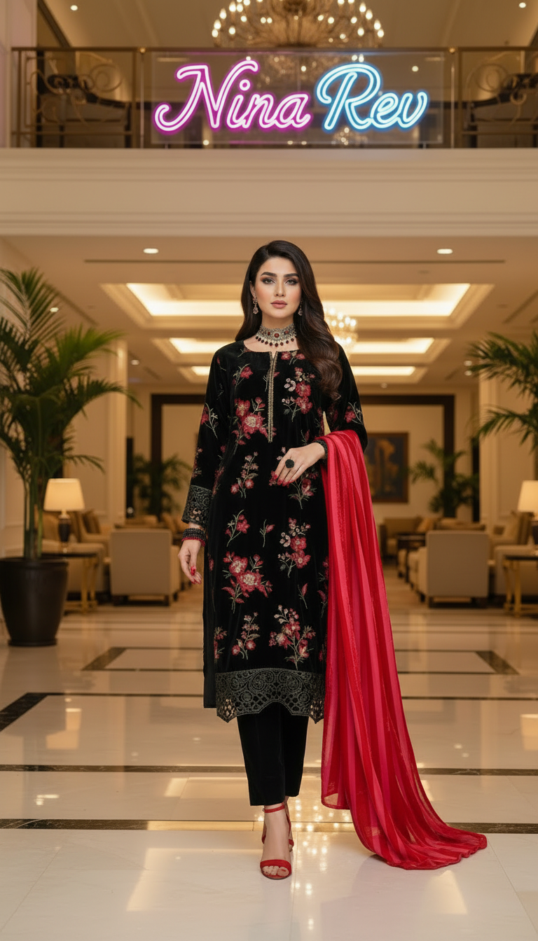 Black Shimmer Velvet Ready to Wear 3 Pcs Embroidered Dress