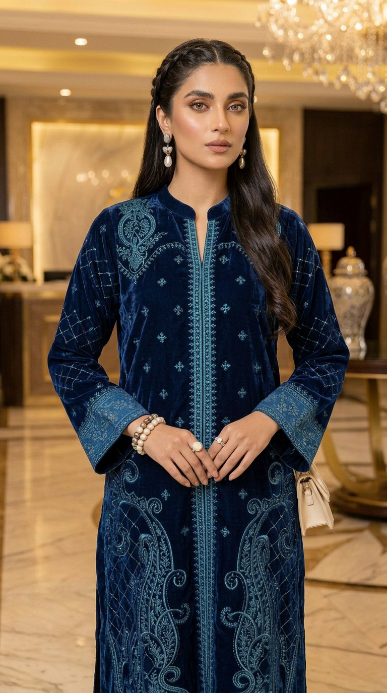 Lazen Navy Velvet Embroidered 2 Pcs Dress
