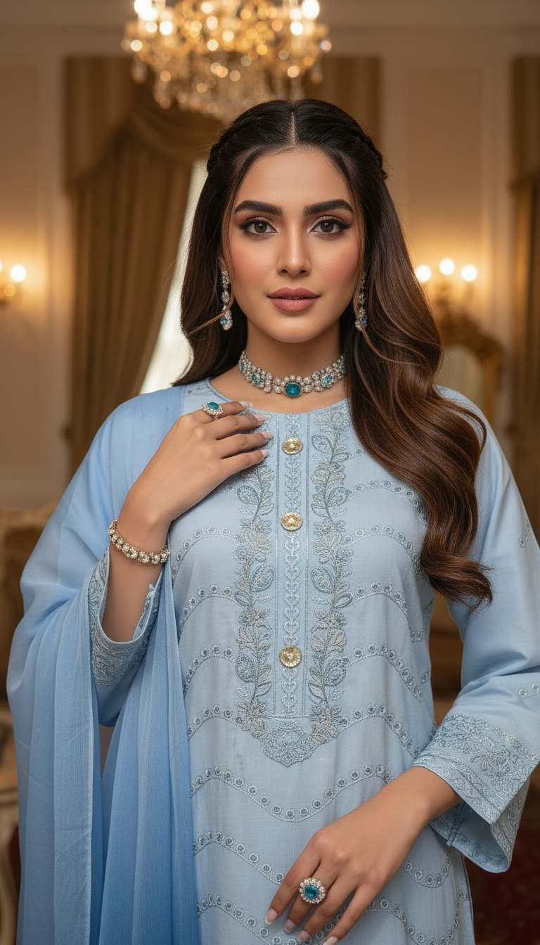 Sky Blue Chikankari Ready to Wear 3 Pcs Embroidered Dress