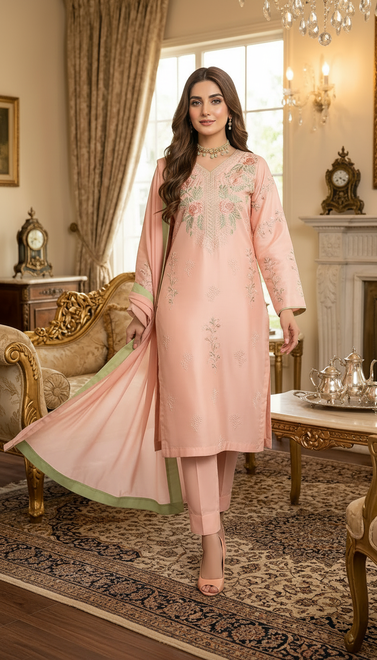 Pink Petal Ready to Wear 3 Pcs Embroidered Dress