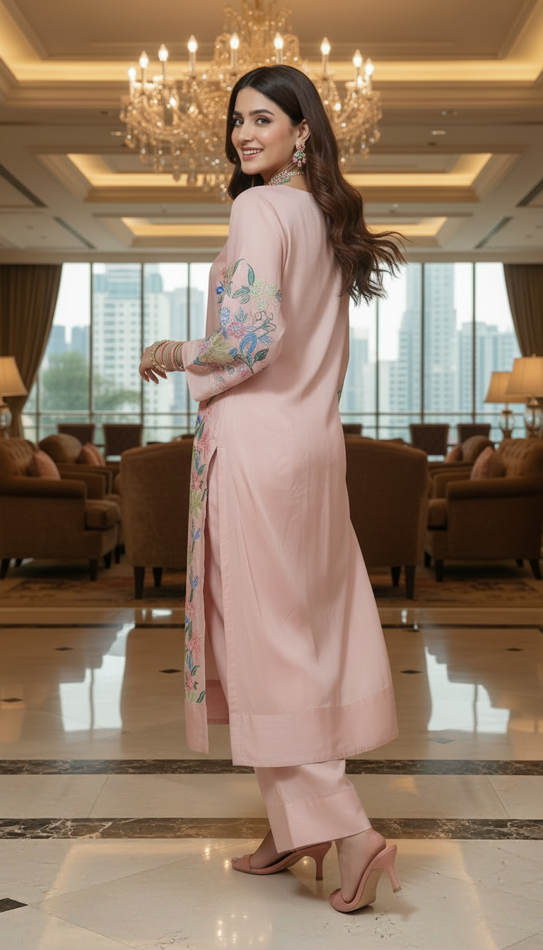 Rani Tea Pink Raw Silk Ready to Wear 2 Pcs Embroidered Dress