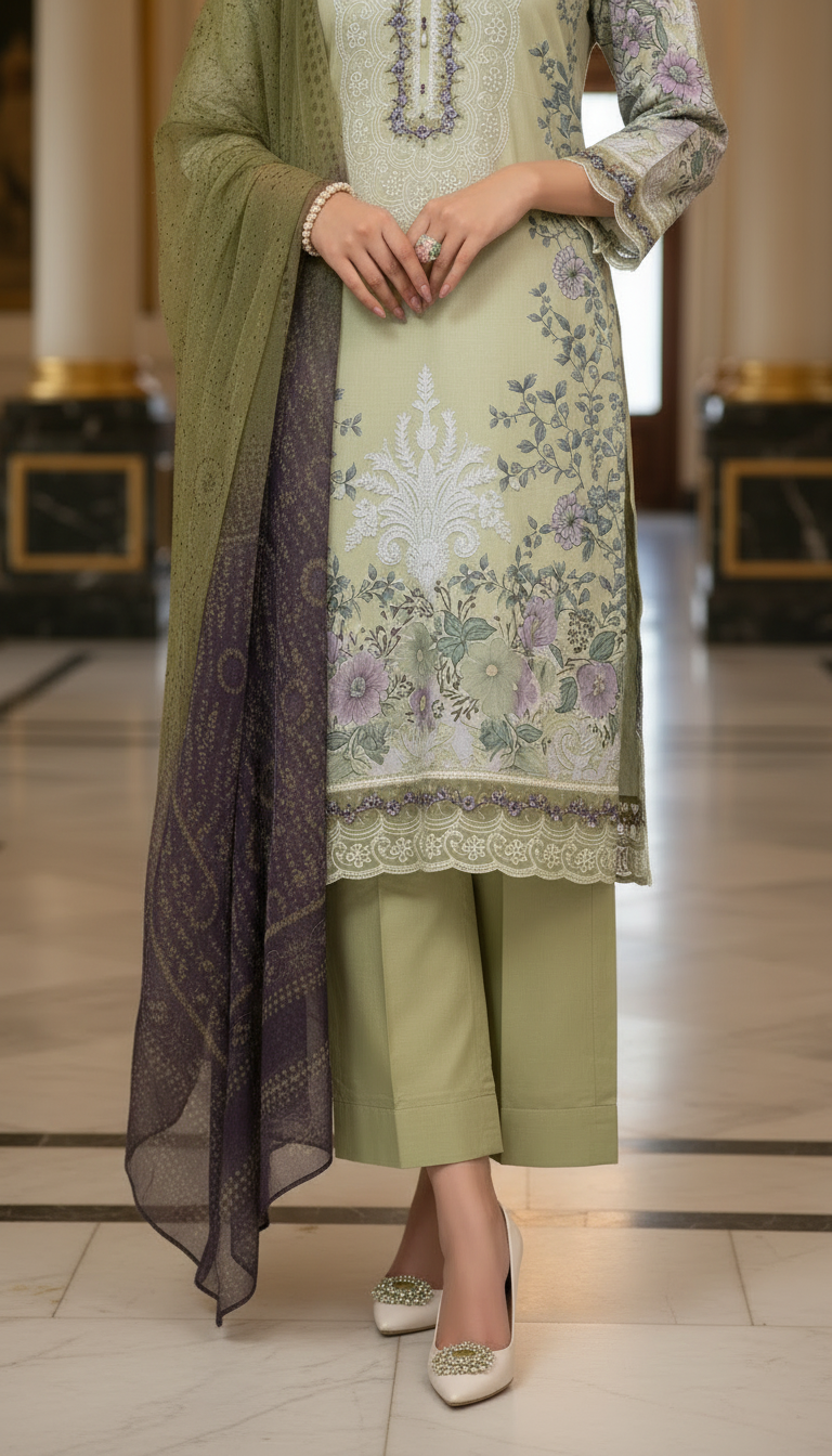 Jade Green Ready to Wear 3 Pcs Embroidered Dress