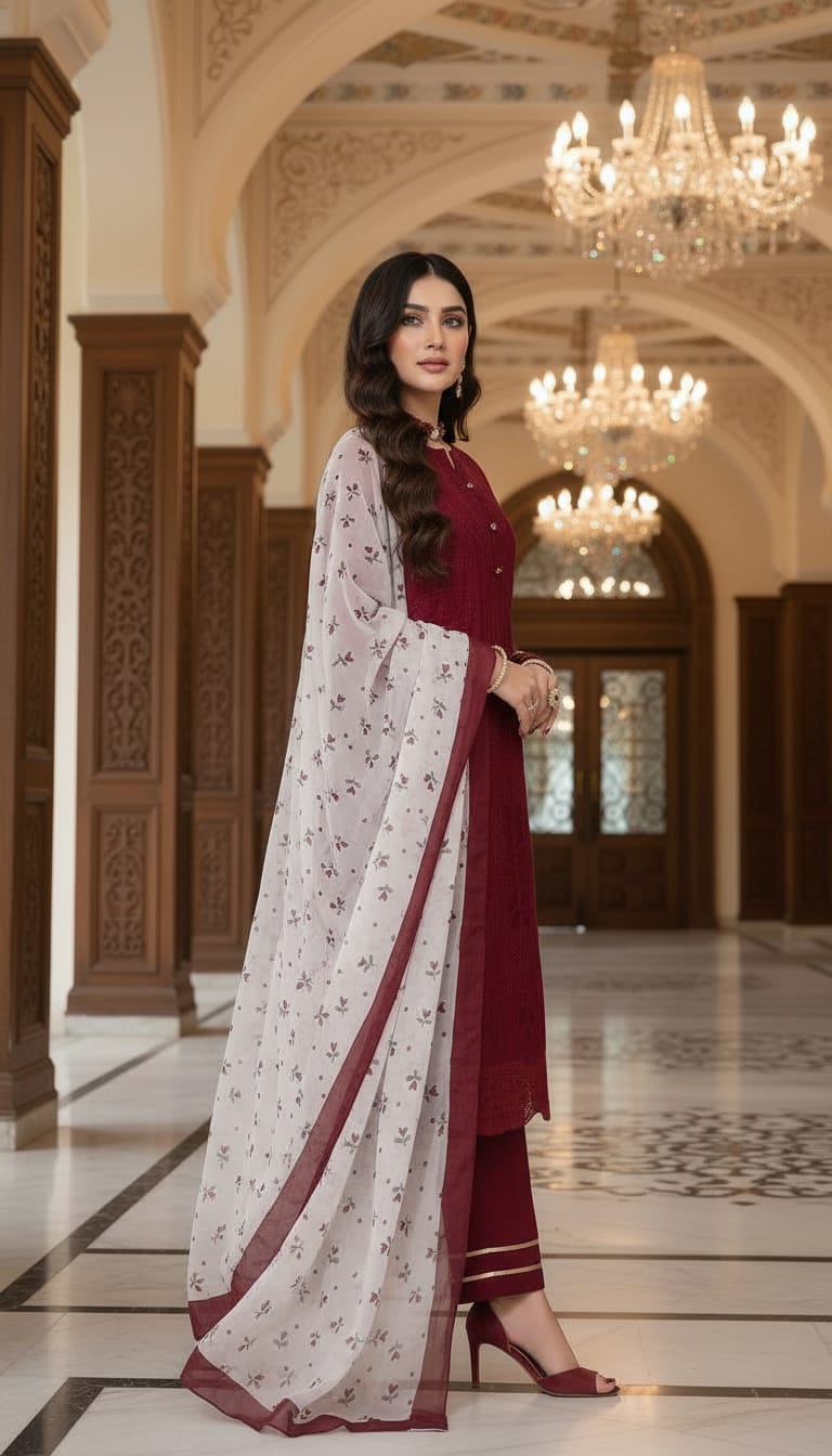 Ulfat Maroon Fully Chikankari Embroidered 3 Pcs Dress with Silk Dopatta