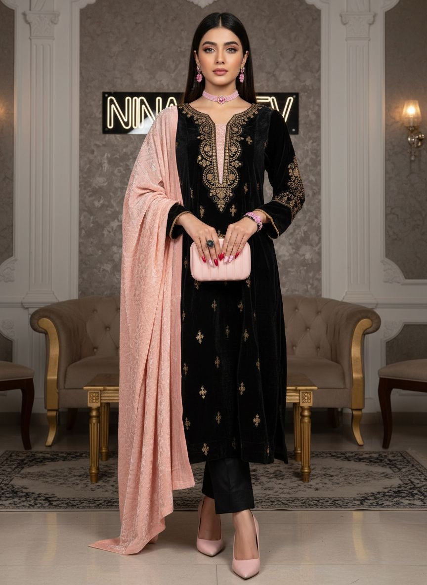 Qalamkar 3 Pcs Ready to Wear Velvet Dress with Palachi Shawl