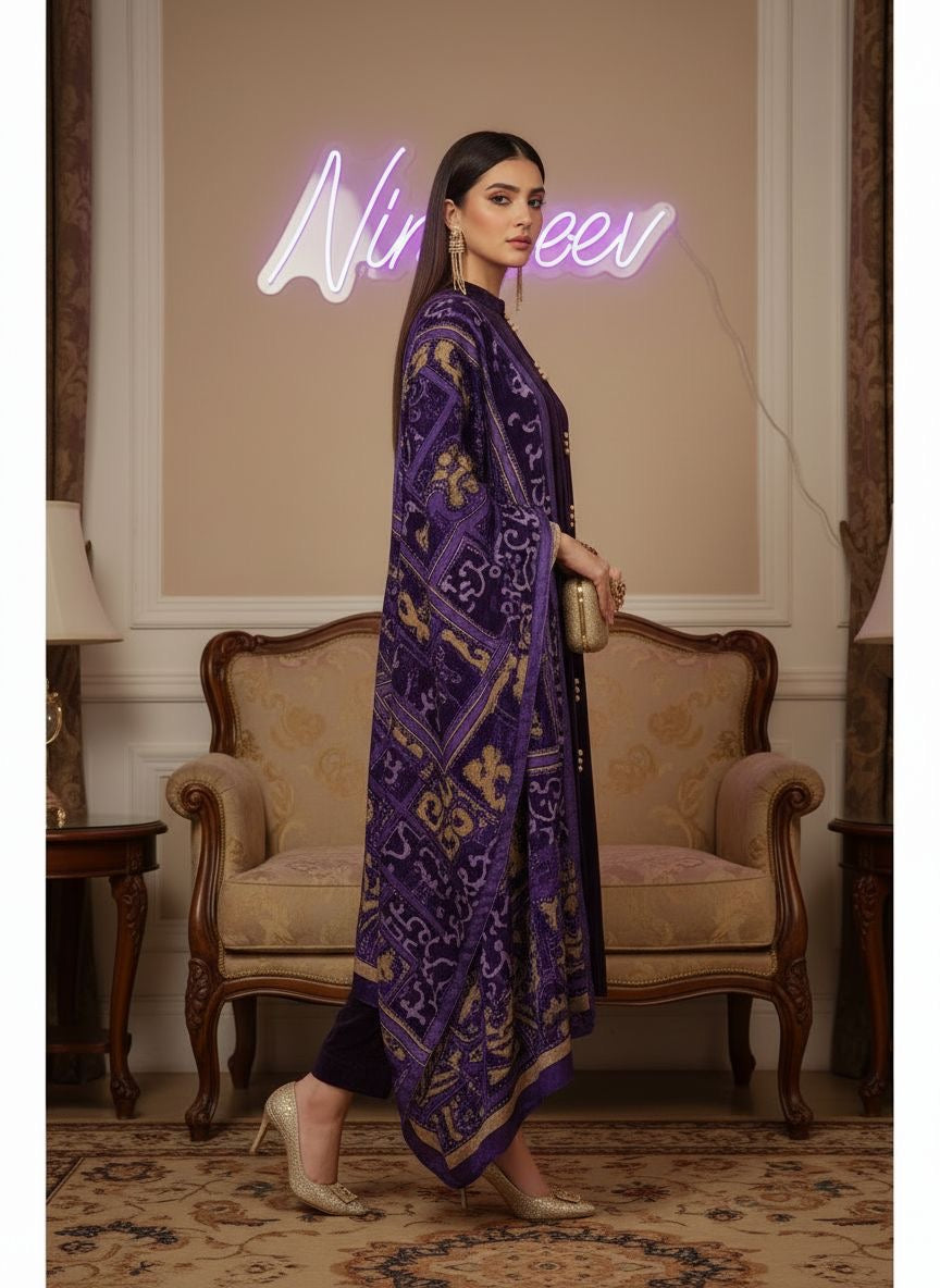 Purple Velvet De Luxe 3 Pcs Dress with Palachi shawl