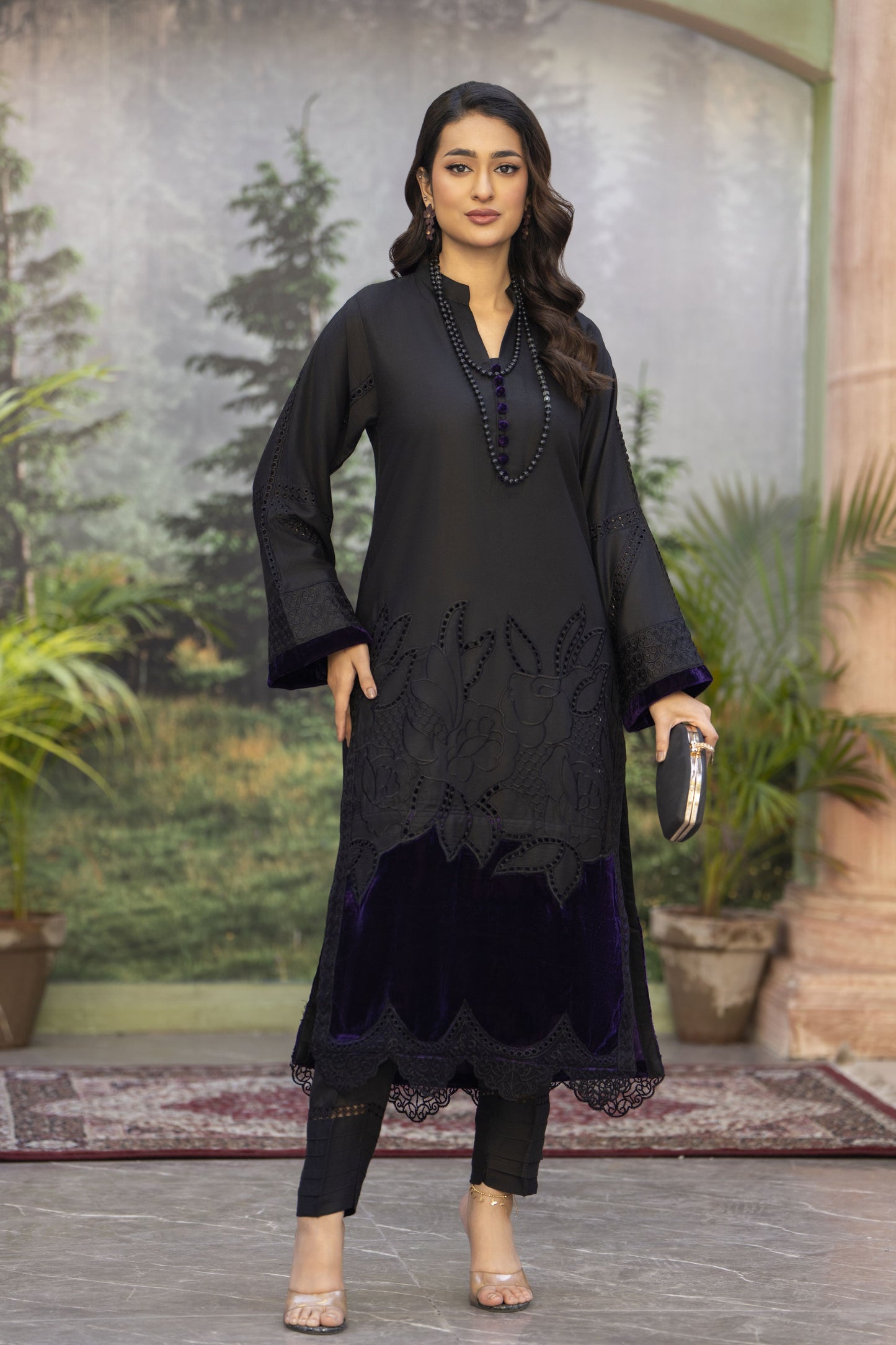 Black&Purple Ready to Wear Embroidered 2 Pcs Dress
