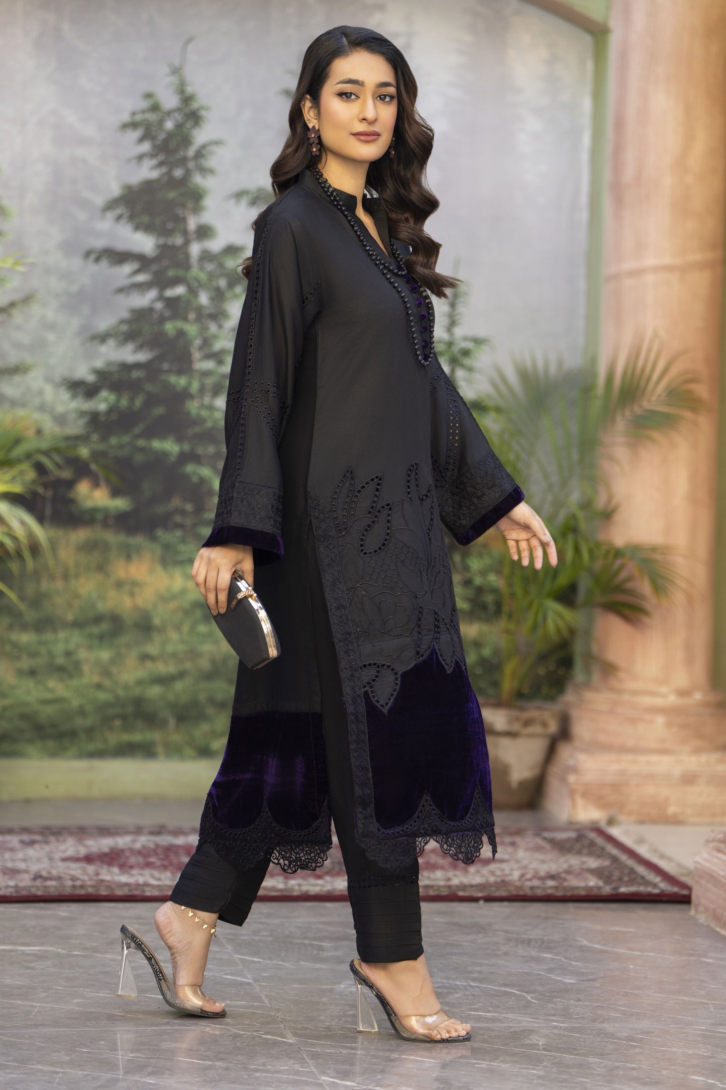 Black&Purple Ready to Wear Embroidered 2 Pcs Dress